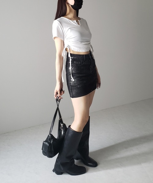 me+em select(ミームセレクト)の「【 2color 】サイドシャーリングリボン半袖ショートTシャツ / side shirring ribbon short Tee(Tシャツ/カットソー・レディース・ブラック/ホワイト・FREE)」の16枚目の写真