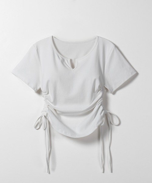 me+em select(ミームセレクト)の「【 2color 】サイドシャーリングリボン半袖ショートTシャツ / side shirring ribbon short Tee(Tシャツ/カットソー・レディース・ブラック/ホワイト・FREE)」の8枚目の写真