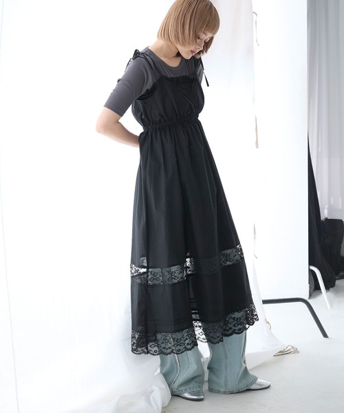 forksy.】レース切り替えリボンキャミワンピース（ワンピース
