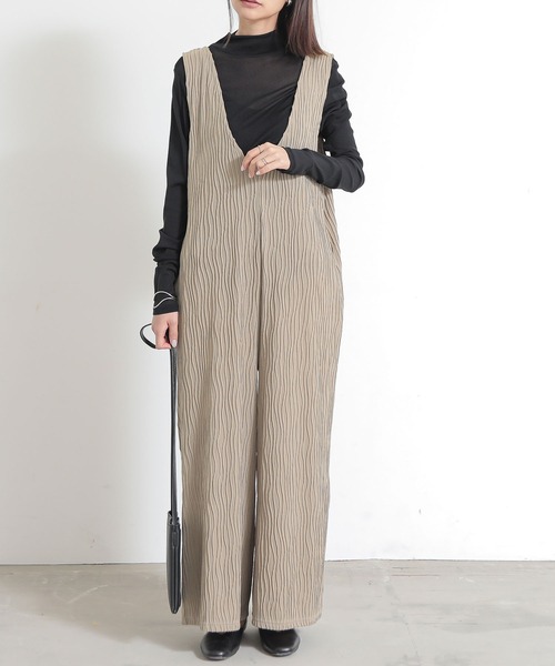 リップルストライプVネックオールインワン（サロペット