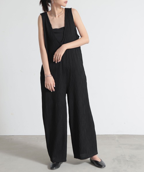 セール】リップルストライプVネックオールインワン（サロペット