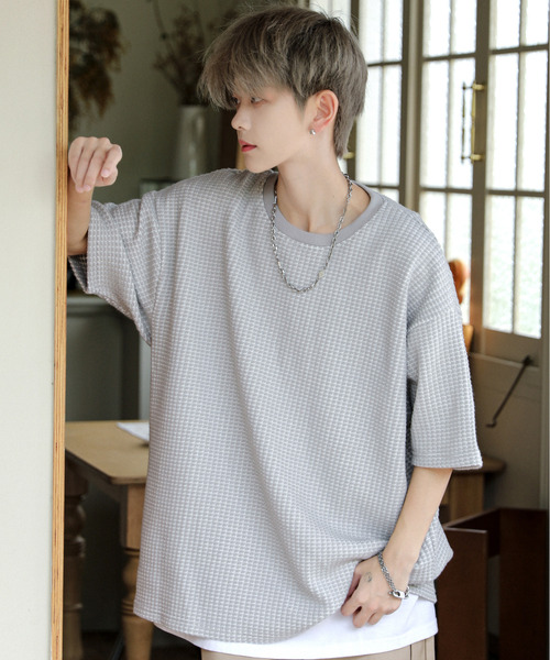 【セール】【neos】ルーズシルエット 配色 ワッフル サイド スリット クルーネック ハーフスリーブ Tシャツ（Tシャツ/カットソー）｜neos（ネオス）