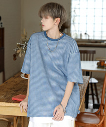 【neos】ルーズシルエット 配色 ワッフル サイド スリット クルーネック ハーフスリーブ Tシャツ