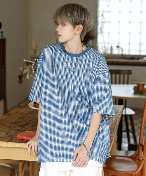 neos(ネオス)の「【neos】ルーズシルエット 配色 ワッフル サイド スリット クルーネック ハーフスリーブ Tシャツ(Tシャツ/カットソー・メンズ・ブラック/ブルー/チャコールグレー/スミクロ/グレー/サックスブルー・LARGE/MEDIUM)」の5枚目の写真