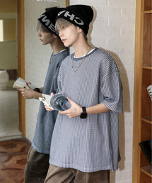 【neos】ルーズシルエット 配色 ワッフル サイド スリット クルーネック ハーフスリーブ Tシャツ