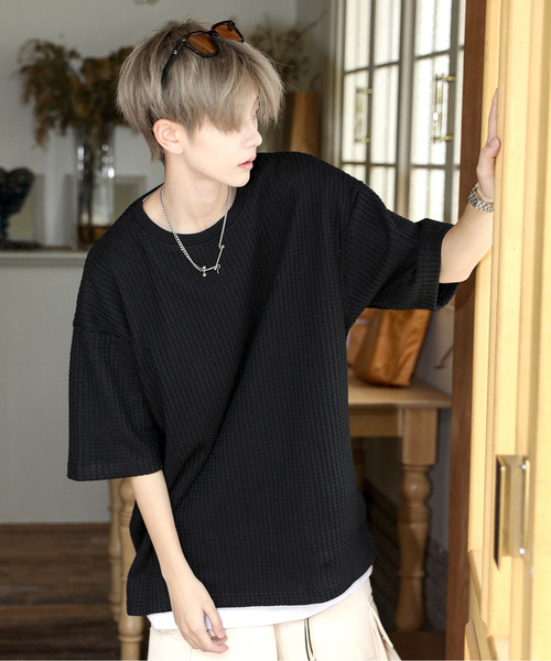 neos(ネオス)の「【neos】ルーズシルエット 配色 ワッフル サイド スリット クルーネック ハーフスリーブ Tシャツ(Tシャツ/カットソー・メンズ・ブラック/ブルー/チャコールグレー/スミクロ/グレー/サックスブルー・LARGE/MEDIUM)」の8枚目の写真