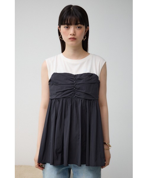 AZUL by moussy（アズールバイマウジー）の「ギャザービスチェレイヤードトップス（タンクトップ・レディース・ブラック/グレー/ベージュ・FREE）」の7枚目の写真