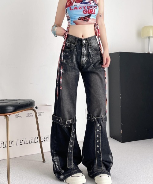 セール】y2k デザインストレートデニムパンツ（デニムパンツ