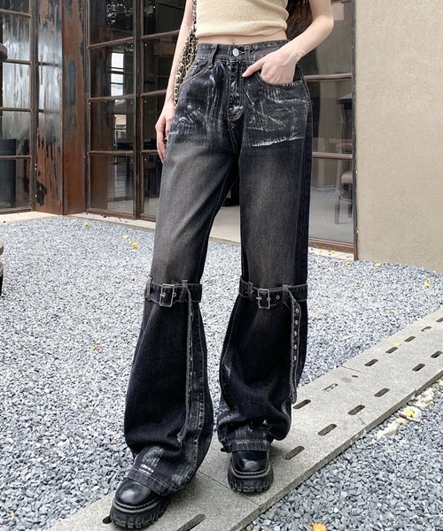 セール】y2k デザインストレートデニムパンツ（デニムパンツ