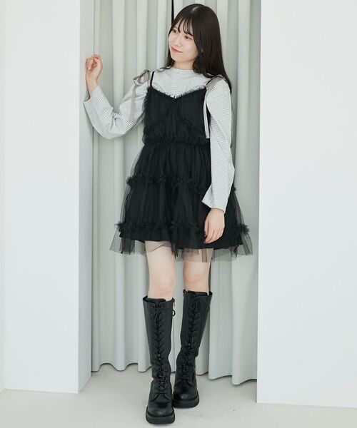 MAJESTIC LEGON（マジェスティックレゴン）の「ミニフリルチュール肩リボンピスチェ（キャミソール・レディース・グレー/アイボリー/ブラック・MEDIUM）」の20枚目の写真