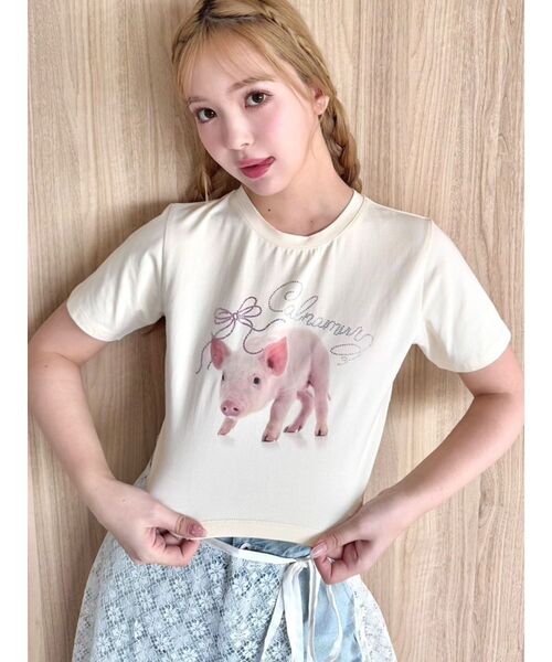 CALNAMUR(カルナムール)の「ピグレットリボンビジューTシャツ(Tシャツ/カットソー・レディース・ピンク/オフホワイト/イエロー・FREE)」の20枚目の写真
