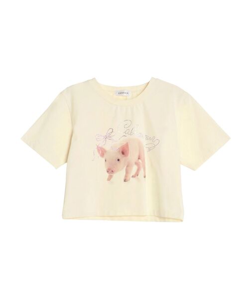 CALNAMUR(カルナムール)の「ピグレットリボンビジューTシャツ(Tシャツ/カットソー・レディース・ピンク/オフホワイト/イエロー・FREE)」の1枚目の写真
