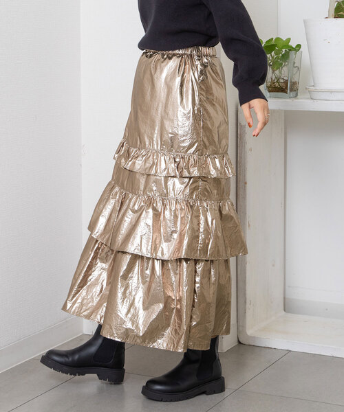 POU DOU DOU（プードゥドゥ）の「ランダムフリルスカート（スカート・レディース・ブロンズ/ブラック・M）」の4枚目の写真