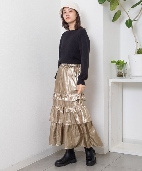 POU DOU DOU（プードゥドゥ）の「ランダムフリルスカート（スカート・レディース・ブロンズ/ブラック・M）」の7枚目の写真