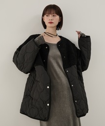 Shelly island | ボア切替キルトジャケット(ノーカラーコート)