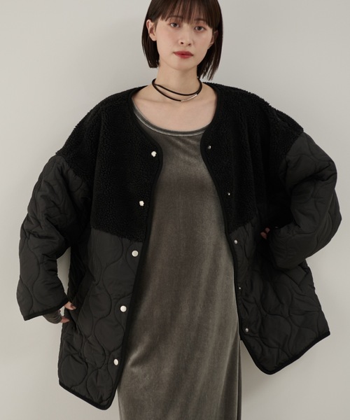 Shelly island（シェリーアイランド）の「ボア切替キルトジャケット（ノーカラーコート・レディース・ホワイト/ブラック・FREE）」の21枚目の写真