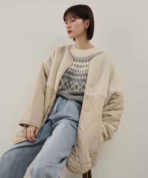 Shelly island（シェリーアイランド）の「ボア切替キルトジャケット（ノーカラーコート・レディース・ホワイト/ブラック・FREE）」の3枚目の写真