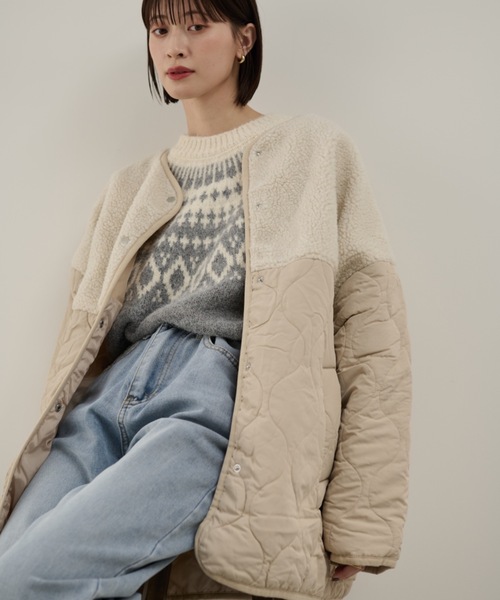 Shelly island（シェリーアイランド）の「ボア切替キルトジャケット（ノーカラーコート・レディース・ホワイト/ブラック・FREE）」の4枚目の写真