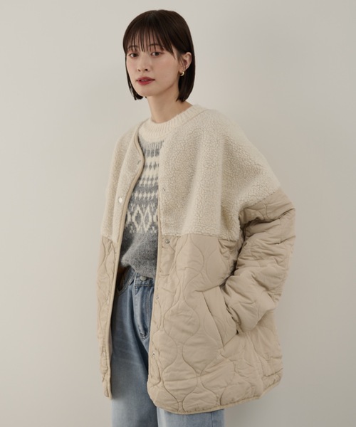 Shelly island（シェリーアイランド）の「ボア切替キルトジャケット（ノーカラーコート・レディース・ホワイト/ブラック・FREE）」の8枚目の写真