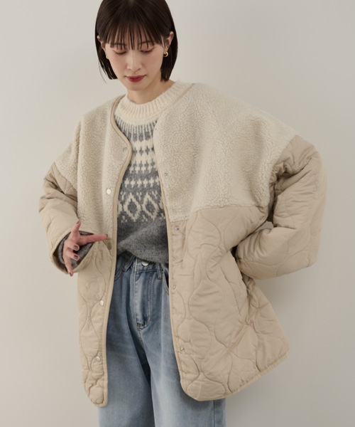 Shelly island（シェリーアイランド）の「ボア切替キルトジャケット（ノーカラーコート・レディース・ホワイト/ブラック・FREE）」の7枚目の写真