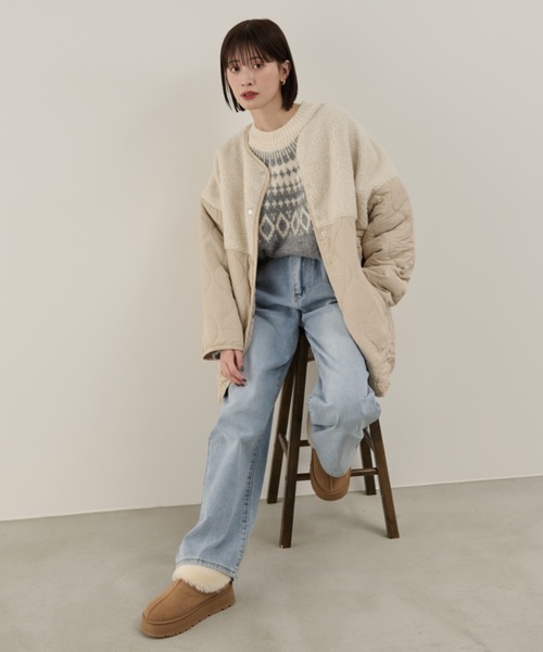 Shelly island（シェリーアイランド）の「ボア切替キルトジャケット（ノーカラーコート・レディース・ホワイト/ブラック・FREE）」の5枚目の写真