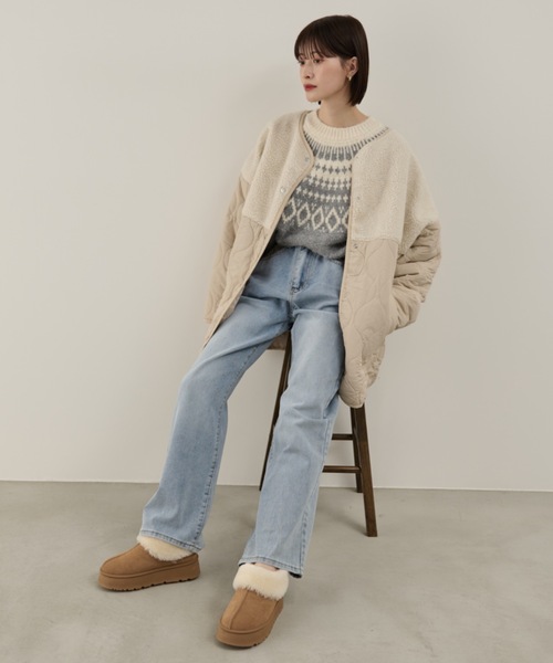 Shelly island（シェリーアイランド）の「ボア切替キルトジャケット（ノーカラーコート・レディース・ホワイト/ブラック・FREE）」の6枚目の写真