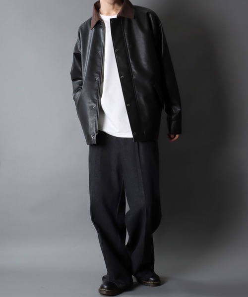 SITRY（シトリー）の「Synthetic Leather Hunting Jacket/オーバーサイズ シンセティックレザー コーデュロイ衿 ハンティングジャケット ブルゾン ハーフコート（ブルゾン・メンズ・ブラック・LL/M/L）」の18枚目の写真