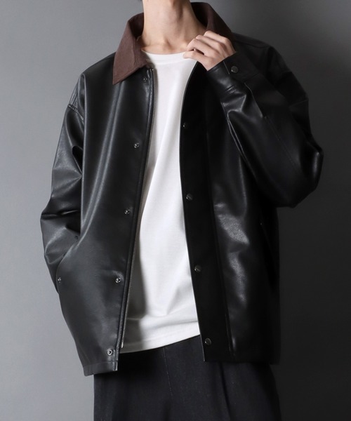 SITRY（シトリー）の「Synthetic Leather Hunting Jacket/オーバーサイズ シンセティックレザー コーデュロイ衿 ハンティングジャケット ブルゾン ハーフコート（ブルゾン・メンズ・ブラック・LL/M/L）」の20枚目の写真