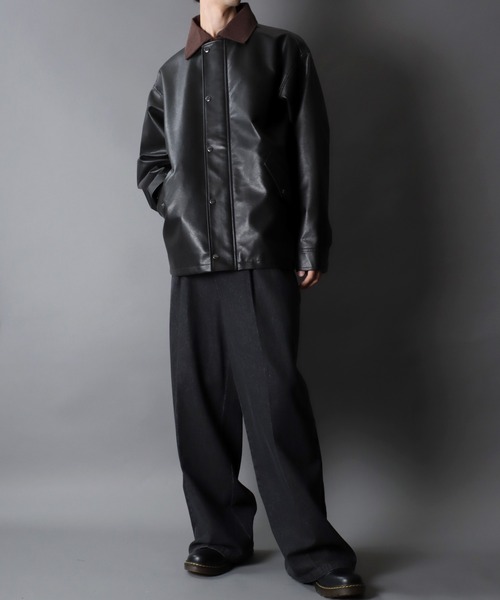 SITRY（シトリー）の「Synthetic Leather Hunting Jacket/オーバーサイズ シンセティックレザー コーデュロイ衿 ハンティングジャケット ブルゾン ハーフコート（ブルゾン・メンズ・ブラック・LL/M/L）」の15枚目の写真