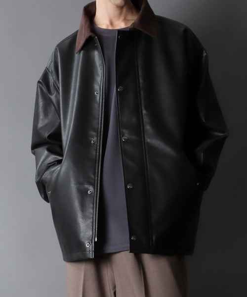 SITRY（シトリー）の「Synthetic Leather Hunting Jacket/オーバーサイズ シンセティックレザー コーデュロイ衿 ハンティングジャケット ブルゾン ハーフコート（ブルゾン・メンズ・ブラック・LL/M/L）」の14枚目の写真