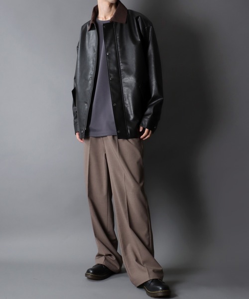 SITRY（シトリー）の「Synthetic Leather Hunting Jacket/オーバーサイズ シンセティックレザー コーデュロイ衿 ハンティングジャケット ブルゾン ハーフコート（ブルゾン・メンズ・ブラック・LL/M/L）」の13枚目の写真