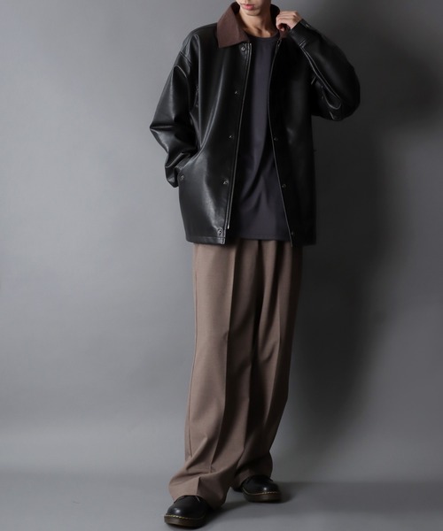 SITRY（シトリー）の「Synthetic Leather Hunting Jacket/オーバーサイズ シンセティックレザー コーデュロイ衿 ハンティングジャケット ブルゾン ハーフコート（ブルゾン・メンズ・ブラック・LL/M/L）」の12枚目の写真