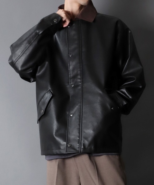 SITRY（シトリー）の「Synthetic Leather Hunting Jacket/オーバーサイズ シンセティックレザー コーデュロイ衿 ハンティングジャケット ブルゾン ハーフコート（ブルゾン・メンズ・ブラック・LL/M/L）」の11枚目の写真