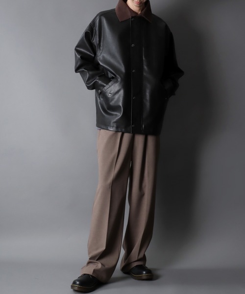 SITRY（シトリー）の「Synthetic Leather Hunting Jacket/オーバーサイズ シンセティックレザー コーデュロイ衿 ハンティングジャケット ブルゾン ハーフコート（ブルゾン・メンズ・ブラック・LL/M/L）」の10枚目の写真