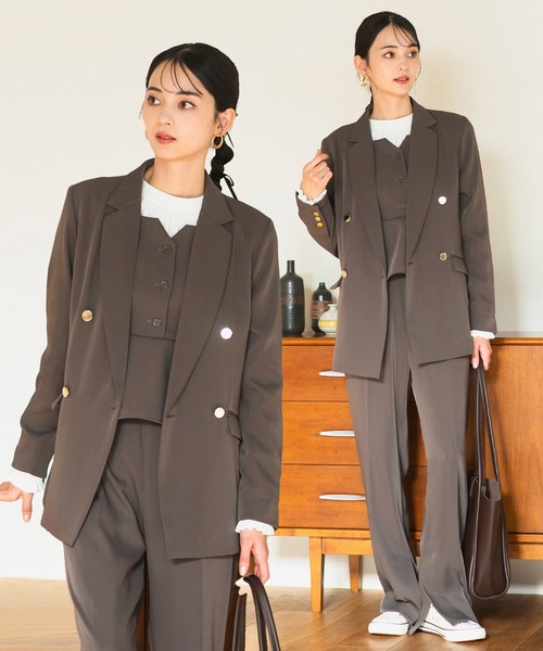 CELEN(セレン)の「【カセット服/洗える/オフィスカジュアルスーツ】ダブルブレストジャケット・ベンツセミフレアパンツ 2点セット(スーツセット・レディース・ネイビー/ブラウン/ブラック/グレー系その他・S/M/L/ST/MT/LT)」の3枚目の写真