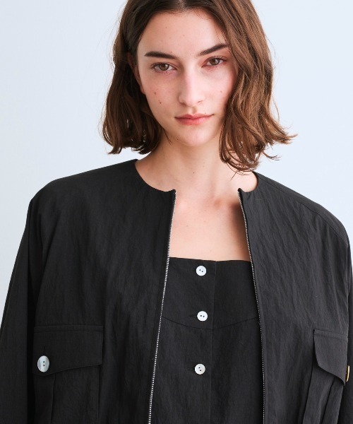 THREE DOTS スリードッツ ノーカラージャケット ネイビー パイル THREE DOTS スリードッツ ノーカラージャケット ネイビー パイル