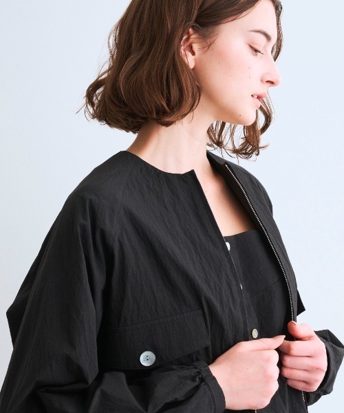 THREE DOTS スリードッツ ノーカラージャケット ネイビー パイル THREE DOTS スリードッツ ノーカラージャケット ネイビー パイル