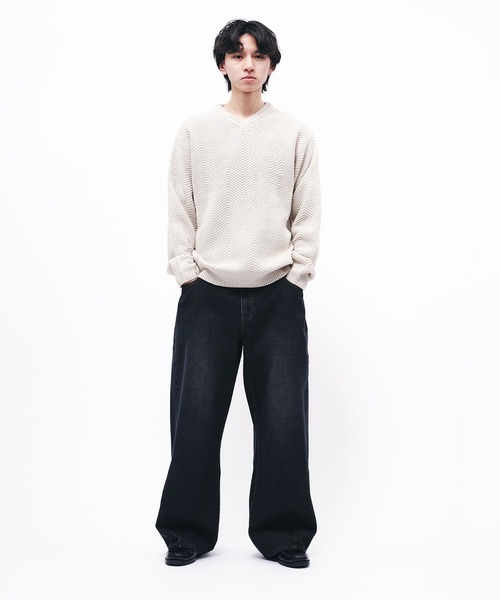 Adoon plain（アドーンプレーン）の「HERRINGBONE V NECK KNIT / へリンボーンVネックニット（ニット/セーター・メンズ・アイボリー/ブラック/ブルー・MEDIUM/LARGE）」の17枚目の写真