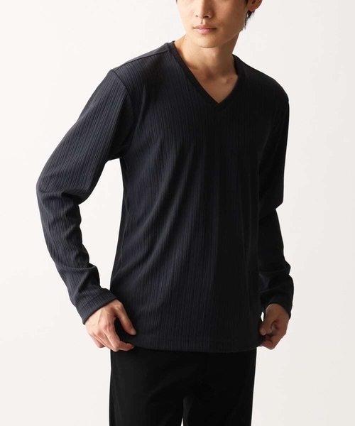 MK MICHEL KLEIN HOMME (エムケーミッシェルクランオム)の「【洗える】Vネックストライプカットソー(Tシャツ/カットソー・メンズ・チャコールグレー/ホワイト・51/48/46)」の2枚目の写真