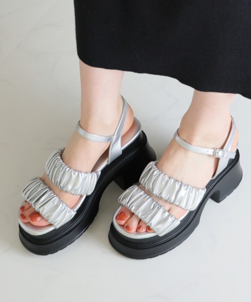 厚底サンダル ダブルベルト ゴムストラップ付き モード系 夏 セール】厚底ダブルギャザーベルトストラップサンダル(サンダル