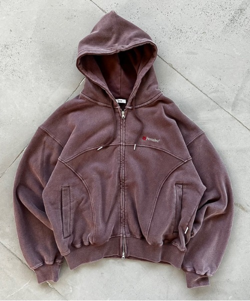 Perushu(ペルーシュ)の「vintage like docking design foodie ビンテージライクドッキングデザインフーディ(パーカー・メンズ・グレイッシュベージュ/チャコールグレー/ボルドー・MEDIUM/LARGE)」の1枚目の写真