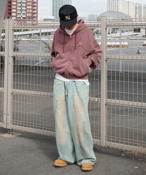 Perushu(ペルーシュ)の「vintage like docking design foodie ビンテージライクドッキングデザインフーディ(パーカー・メンズ・グレイッシュベージュ/チャコールグレー/ボルドー・MEDIUM/LARGE)」の4枚目の写真