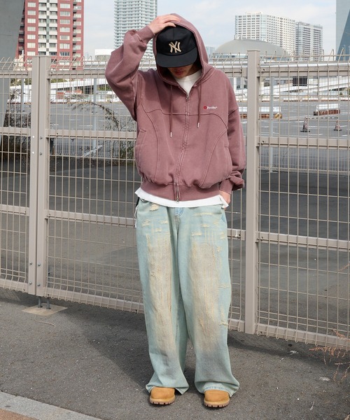 Perushu(ペルーシュ)の「vintage like docking design foodie ビンテージライクドッキングデザインフーディ(パーカー・メンズ・グレイッシュベージュ/チャコールグレー/ボルドー・MEDIUM/LARGE)」の6枚目の写真