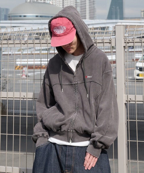 Perushu(ペルーシュ)の「vintage like docking design foodie ビンテージライクドッキングデザインフーディ(パーカー・メンズ・グレイッシュベージュ/チャコールグレー/ボルドー・MEDIUM/LARGE)」の22枚目の写真