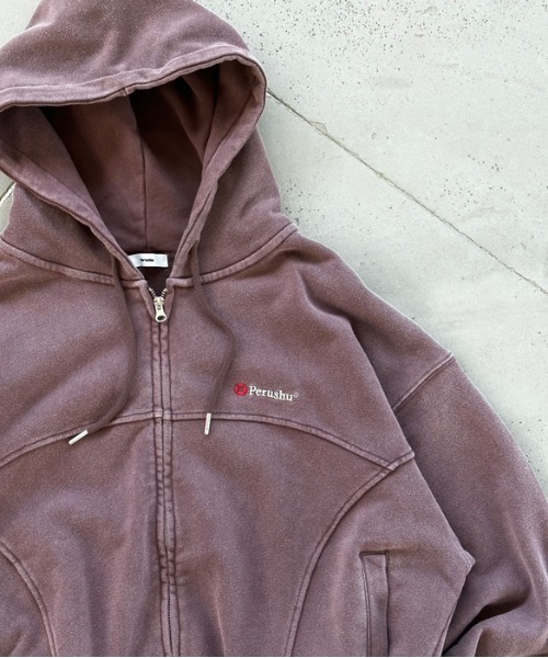 Perushu(ペルーシュ)の「vintage like docking design foodie ビンテージライクドッキングデザインフーディ(パーカー・メンズ・グレイッシュベージュ/チャコールグレー/ボルドー・MEDIUM/LARGE)」の16枚目の写真