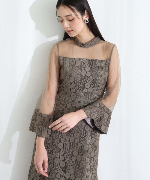 PourVous(プールヴー)の「レース シースルー 結婚式 二次会 パーティー ドレス 袖あり と ロング ベルスリーブ シアーセレモニー フォーマル オケージョンドレス 同窓会 成人式 ディナーミディアム お呼ばれ 謝恩会 20代 30代(ドレス・レディース・ブラック/ブラウン系その他/チャコール・S/M)」の3枚目の写真