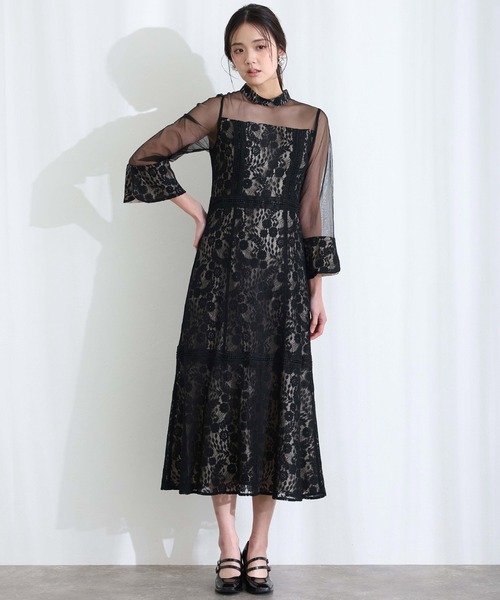 PourVous(プールヴー)の「レース シースルー 結婚式 二次会 パーティー ドレス 袖あり と ロング ベルスリーブ シアーセレモニー フォーマル オケージョンドレス 同窓会 成人式 ディナーミディアム お呼ばれ 謝恩会 20代 30代(ドレス・レディース・ブラック/ブラウン系その他/チャコール・S/M)」の4枚目の写真