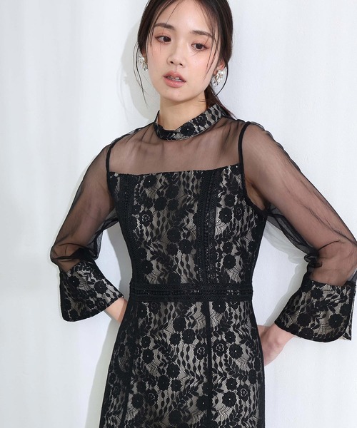 レース シースルー 結婚式 二次会 パーティー ドレス 袖あり と ロング