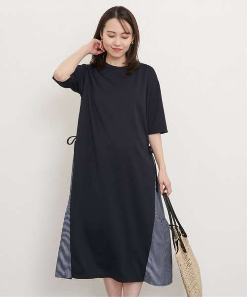 レッドヴァレンティノ リボン サテン 切り替え 異素材 フレア ワンピース 黒 リボンストラップシフォン切替フレアワンピース[jm044