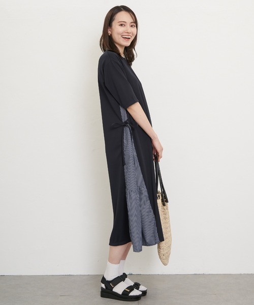 ikka（イッカ）の「【親子コーデ】異素材切り替えサイドリボンワンピース（ワンピース・レディース・ネイビー/ベージュ・M/L/S）」の7枚目の写真